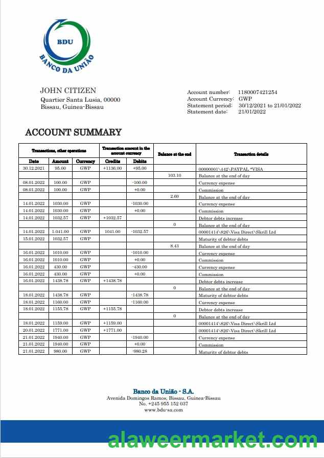 Guinea-Bissau Banco da Uniao bank statement